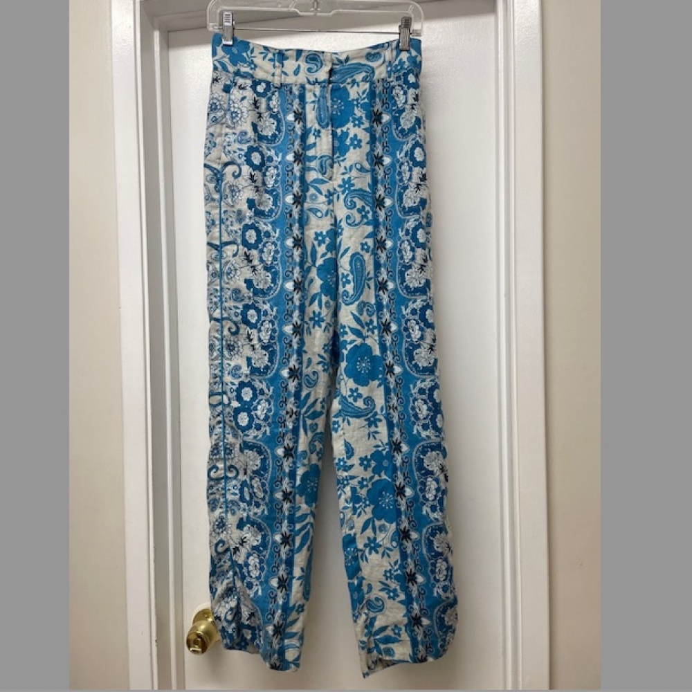 JOHNNY WAS 100% Linen Pants Blue Print